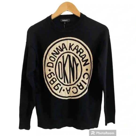 Donna Karan DKNY NWOT Token Logo Black Pullover Sweater - Picture 1 of 6